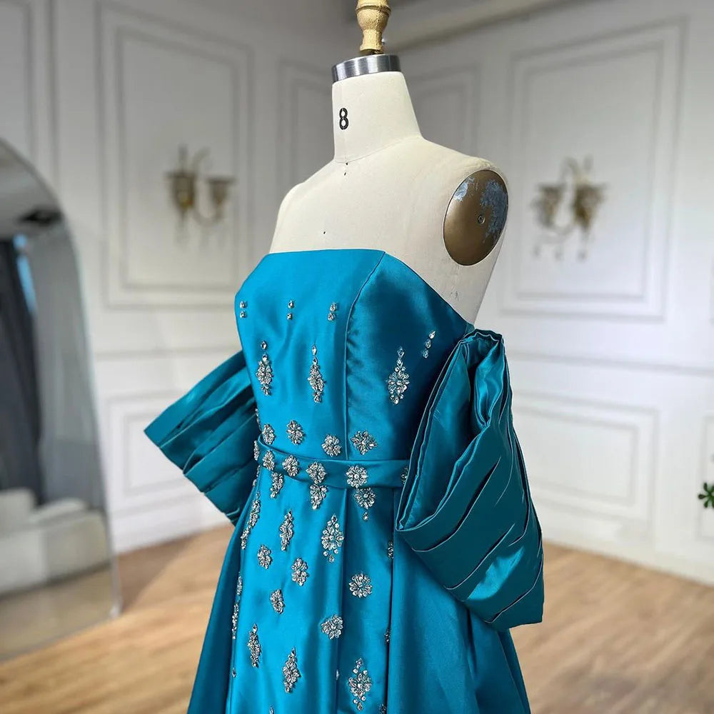 Arabisch Blau Satin Meerjungfrau Trägerlosen Puff Ärmeln Perlen Abendkleider Kleider für Frauen Hochzeit Party 2025 LA72405 