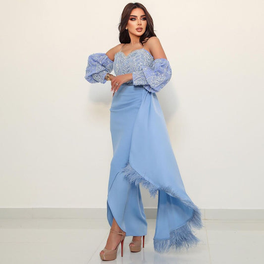 Arabisch Blau Sexy Meerjungfrau Puffärmeln Perlen Federn Luxus Dubai Abendkleider Kleider Für Frauen Party LA72080 