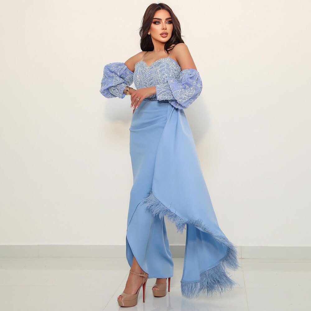 Arabisch Blau Sexy Meerjungfrau Puffärmeln Perlen Federn Luxus Dubai Abendkleider Kleider Für Frauen Party LA72080 