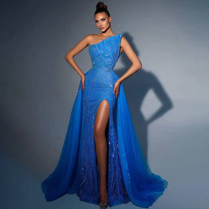 Arabisch Blau Sexy Trägerlosen High Split Luxus Perlen Dubai Abendkleider Für Frauen Hochzeit Party 2025 LA71921 