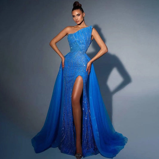 Arabisch Blau Sexy Trägerlosen High Split Luxus Perlen Dubai Abendkleider Für Frauen Hochzeit Party 2025 LA71921 