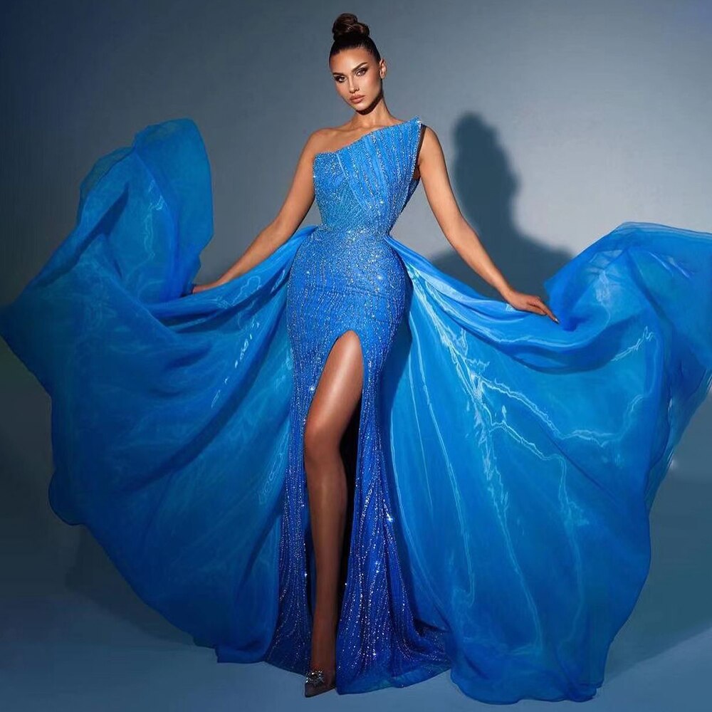 Arabic Blue Sexy Strapless High Split Luxury Beaded Dubai Evening Dresses For Women Wedding Party 2025 LA71921