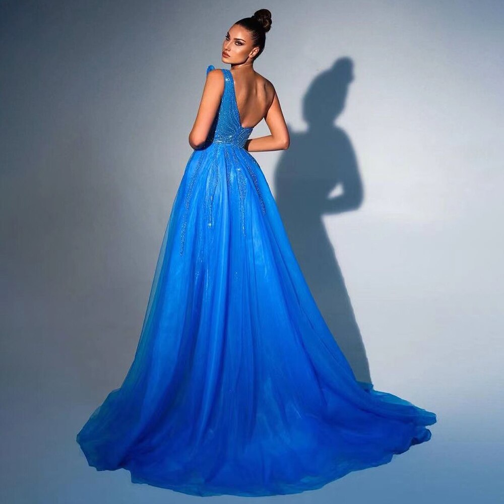 Arabisch Blau Sexy Trägerlosen High Split Luxus Perlen Dubai Abendkleider Für Frauen Hochzeit Party 2025 LA71921 