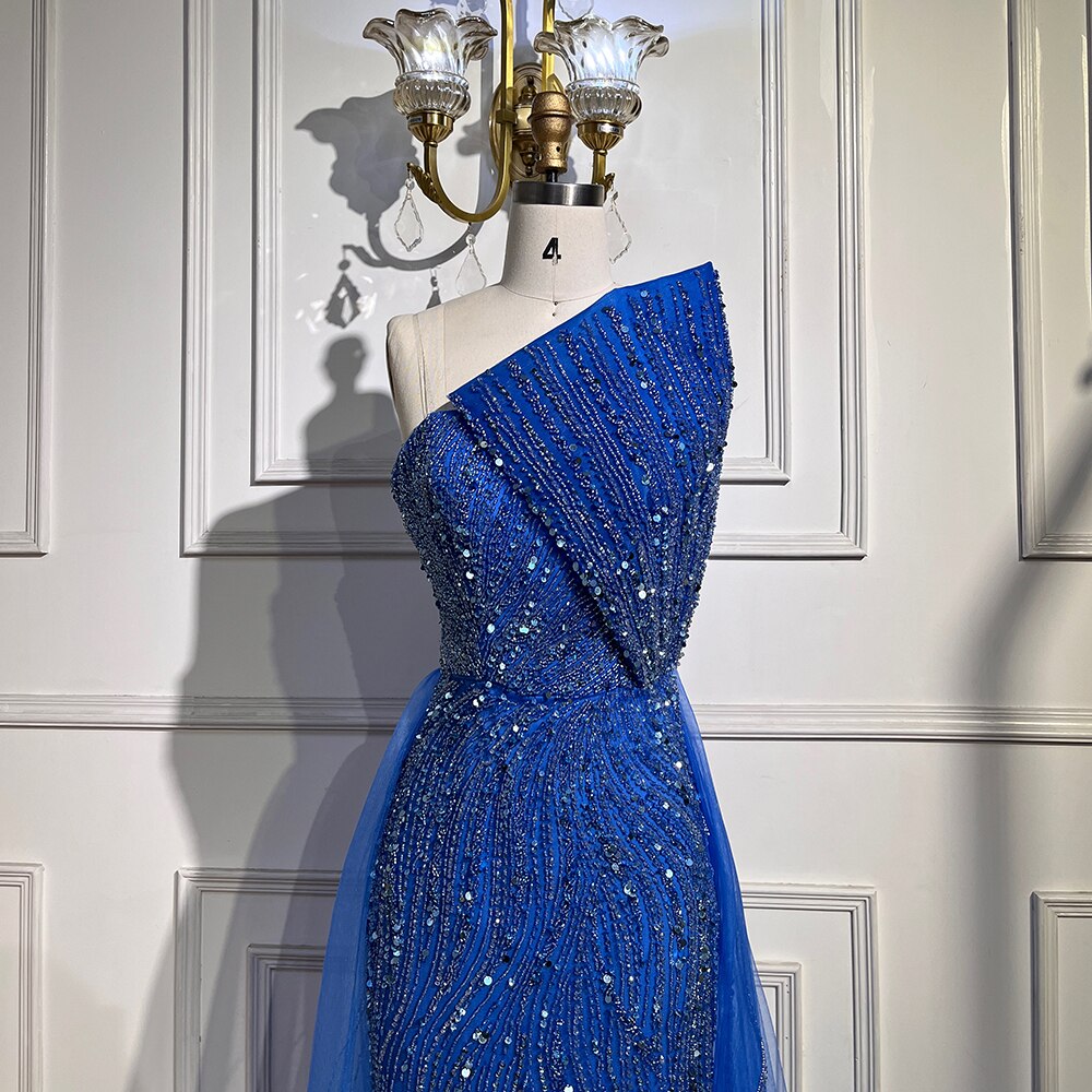 Arabic Blue Sexy Strapless High Split Luxury Beaded Dubai Evening Dresses For Women Wedding Party 2025 LA71921