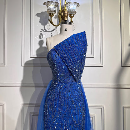 Arabisch Blau Sexy Trägerlosen High Split Luxus Perlen Dubai Abendkleider Für Frauen Hochzeit Party 2025 LA71921 