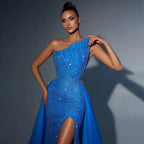 Arabic Blue Sexy Strapless High Split Luxury Beaded Dubai Evening Dresses For Women Wedding Party 2025 LA71921