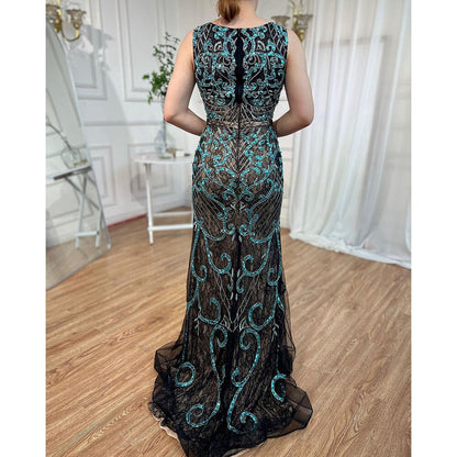 Vestido de noche de lujo estilo sirena, sin mangas, azul árabe, con encaje y cuentas, elegante, para mujer, fiesta de boda, LA6358 