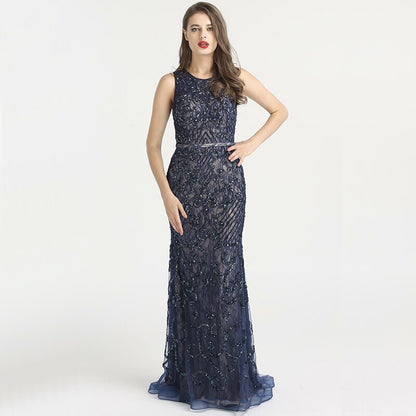 Vestido de noche de lujo estilo sirena, sin mangas, azul árabe, con encaje y cuentas, elegante, para mujer, fiesta de boda, LA6358 