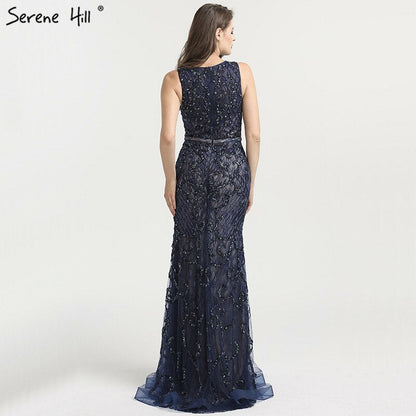 Vestido de noche de lujo estilo sirena, sin mangas, azul árabe, con encaje y cuentas, elegante, para mujer, fiesta de boda, LA6358 