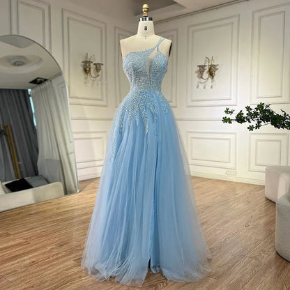 Vestido de noche árabe azul con tirantes finos, corte A, un hombro, cuentas y lujo para mujer, fiesta 2025 LA72589 