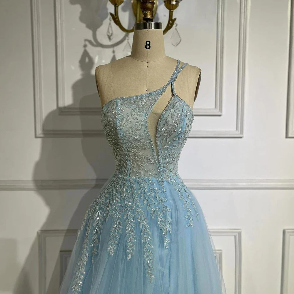 Arabic Blue Spaghetti Strap A Line One Shoulder Beaded Luxury Evening Dresses Gowns for Women's Party 2025 LA72589