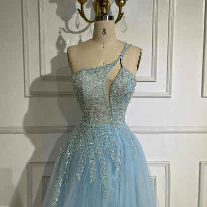 Vestido de noche árabe azul con tirantes finos, corte A, un hombro, cuentas y lujo para mujer, fiesta 2025 LA72589 