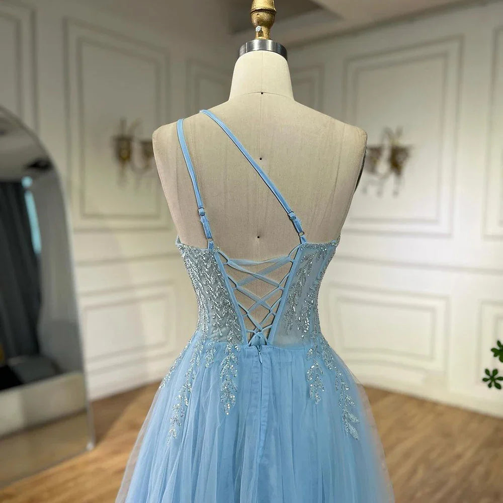 Arabic Blue Spaghetti Strap A Line One Shoulder Beaded Luxury Evening Dresses Gowns for Women's Party 2025 LA72589