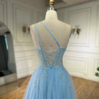 Arabic Blue Spaghetti Strap A Line One Shoulder Beaded Luxury Evening Dresses Gowns for Women's Party 2025 LA72589