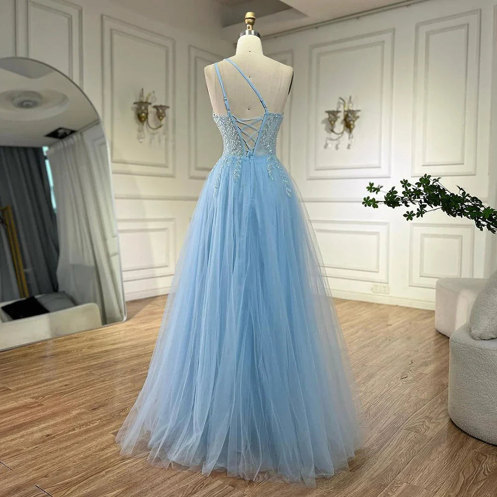 Vestido de noche árabe azul con tirantes finos, corte A, un hombro, cuentas y lujo para mujer, fiesta 2025 LA72589 