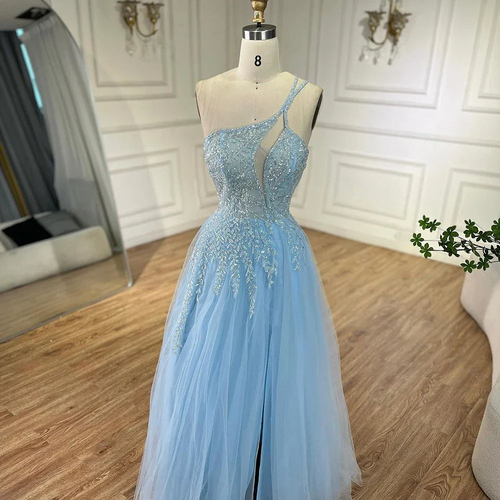 Vestido de noche árabe azul con tirantes finos, corte A, un hombro, cuentas y lujo para mujer, fiesta 2025 LA72589 