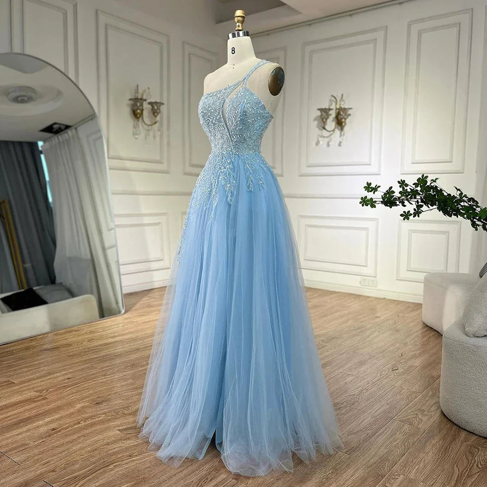 Vestido de noche árabe azul con tirantes finos, corte A, un hombro, cuentas y lujo para mujer, fiesta 2025 LA72589 