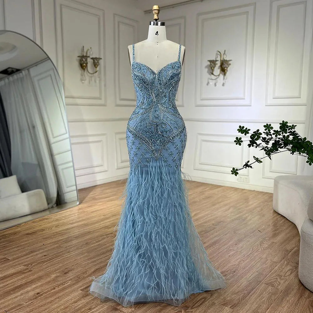 Arabisch Blau Spaghetti Strap Federn Perlen Luxus Dubai Abendkleider Kleider Für Frauen Hochzeit Party 2025 LA72527 