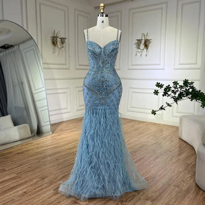 Arabisch Blau Spaghetti Strap Federn Perlen Luxus Dubai Abendkleider Kleider Für Frauen Hochzeit Party 2025 LA72527 