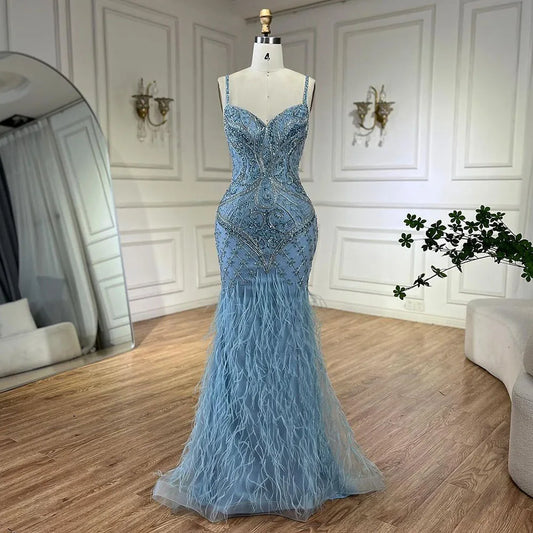 Arabisch Blau Spaghetti Strap Federn Perlen Luxus Dubai Abendkleider Kleider Für Frauen Hochzeit Party 2025 LA72527 