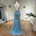 Arabisch Blau Spaghetti Strap Federn Perlen Luxus Dubai Abendkleider Kleider Für Frauen Hochzeit Party 2025 LA72527 