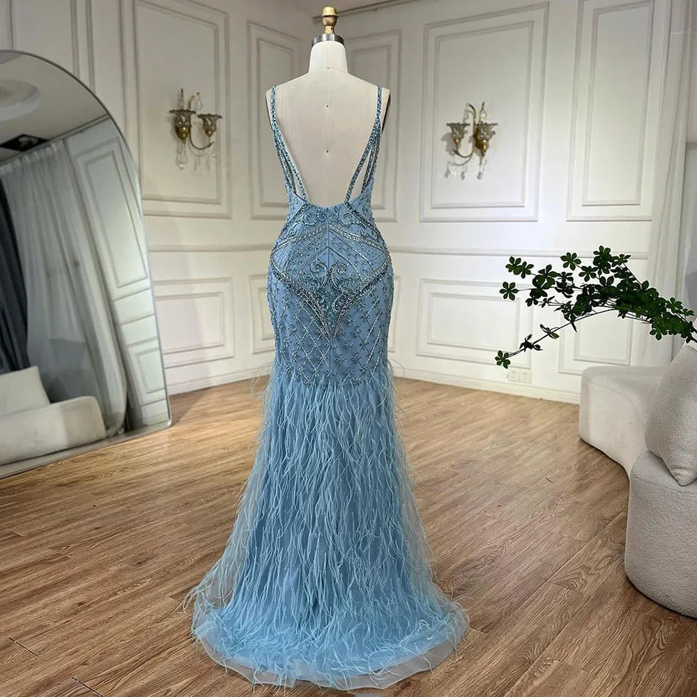 Arabisch Blau Spaghetti Strap Federn Perlen Luxus Dubai Abendkleider Kleider Für Frauen Hochzeit Party 2025 LA72527 