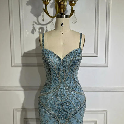 Arabisch Blau Spaghetti Strap Federn Perlen Luxus Dubai Abendkleider Kleider Für Frauen Hochzeit Party 2025 LA72527 