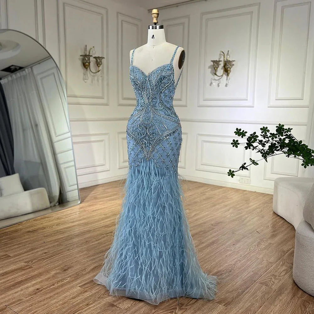 Arabisch Blau Spaghetti Strap Federn Perlen Luxus Dubai Abendkleider Kleider Für Frauen Hochzeit Party 2025 LA72527 