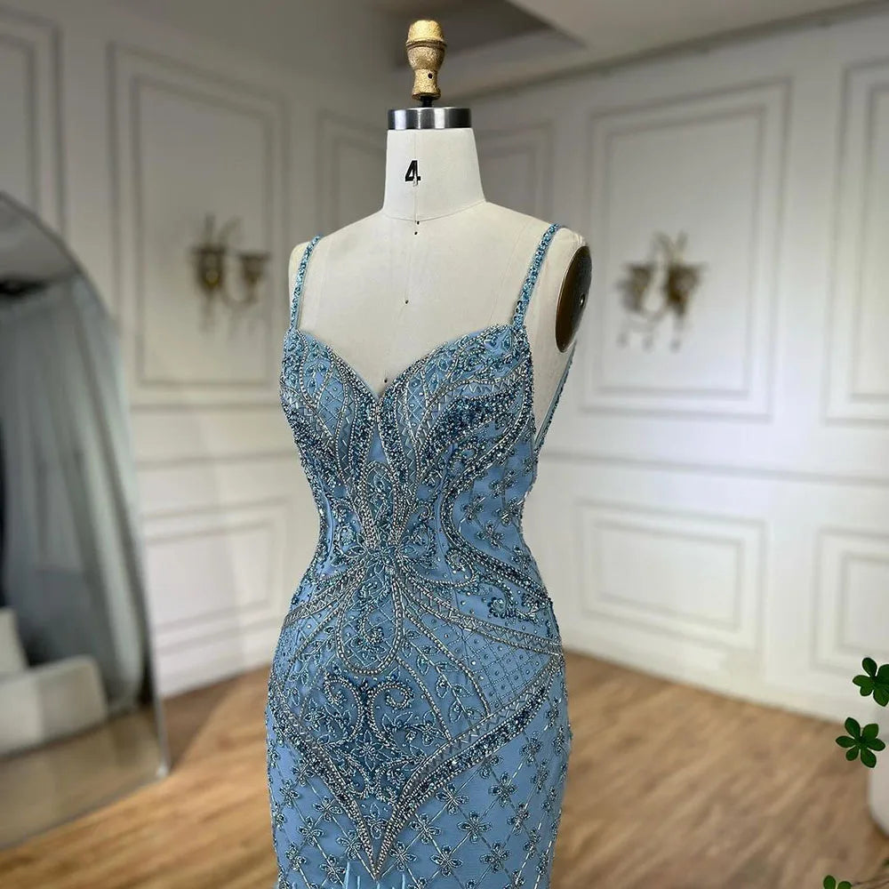 Arabisch Blau Spaghetti Strap Federn Perlen Luxus Dubai Abendkleider Kleider Für Frauen Hochzeit Party 2025 LA72527 