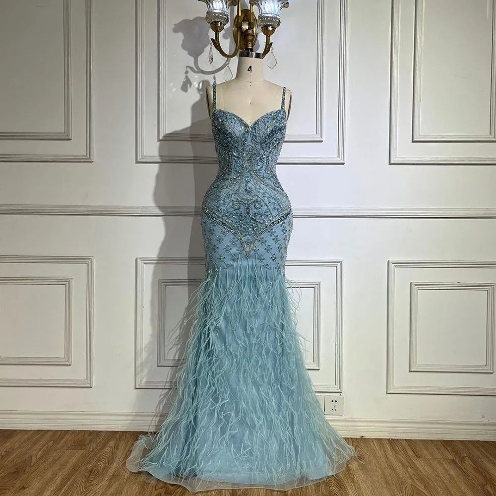 Arabic Blue Spaghetti Strap Feathers Beaded  Luxury Dubai Evening Dresses Gowns For Women Wedding Party 2025 LA72527
