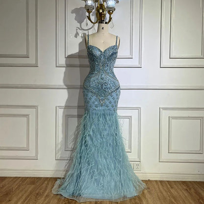 Arabisch Blau Spaghetti Strap Federn Perlen Luxus Dubai Abendkleider Kleider Für Frauen Hochzeit Party 2025 LA72527 