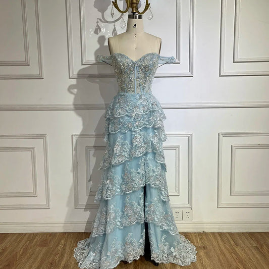 Arabisch-blaues Abendkleid mit Spaghettiträgern, Perlenbesatz und Schlitz vorne für Damen – Hochzeitsfeier 2025 LA72593 