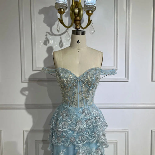 Arabic Blue Spaghetti Strap Tiered Beaded Evening Gown with Front Split for Women - Wedding Party 2025 LA72593