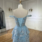 Arabisch-blaues Abendkleid mit Spaghettiträgern, Perlenbesatz und Schlitz vorne für Damen – Hochzeitsfeier 2025 LA72593 