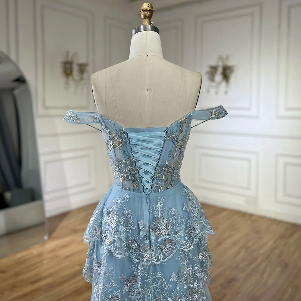 Vestido de noche árabe azul con tirantes finos, cuentas y abertura frontal para mujer - Boda 2025 LA72593 