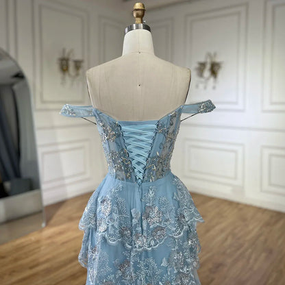 Vestido de noche árabe azul con tirantes finos, cuentas y abertura frontal para mujer - Boda 2025 LA72593 