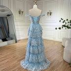Arabisch-blaues Abendkleid mit Spaghettiträgern, Perlenbesatz und Schlitz vorne für Damen – Hochzeitsfeier 2025 LA72593 