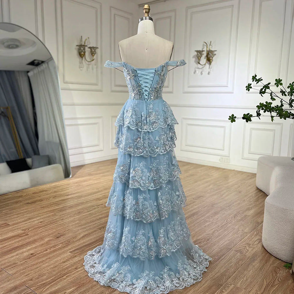 Vestido de noche árabe azul con tirantes finos, cuentas y abertura frontal para mujer - Boda 2025 LA72593 