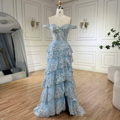 Vestido de noche árabe azul con tirantes finos, cuentas y abertura frontal para mujer - Boda 2025 LA72593 