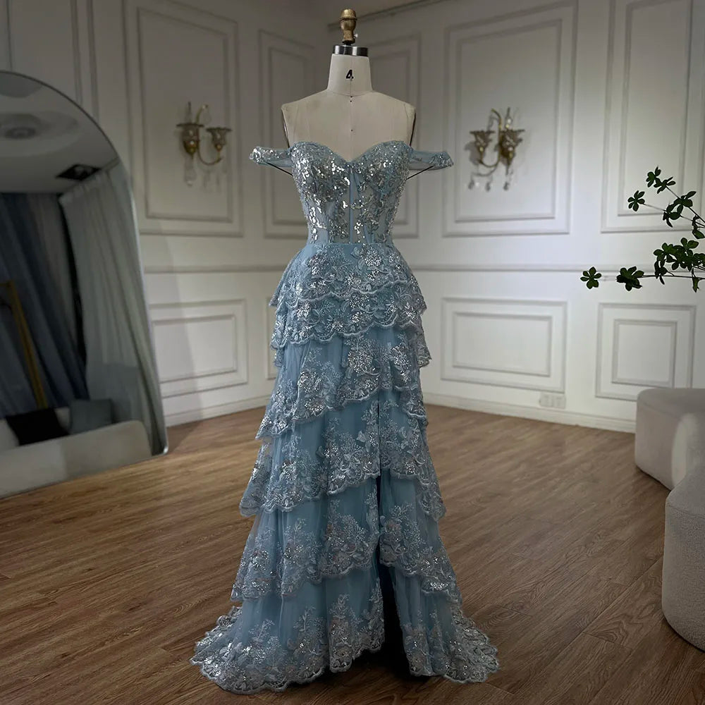 Vestido de noche árabe azul con tirantes finos, cuentas y abertura frontal para mujer - Boda 2025 LA72593 