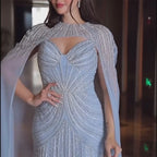 Arabic Blue Spaghetti Straps Beaded Evening Gown with Detachable Cape Dress for Formal Occasion 2025 LA72784