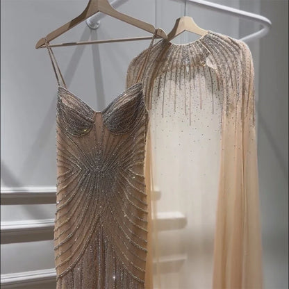 Vestido de noche árabe azul con tirantes finos, cuentas y capa desmontable para ocasiones formales 2025 LA72784 