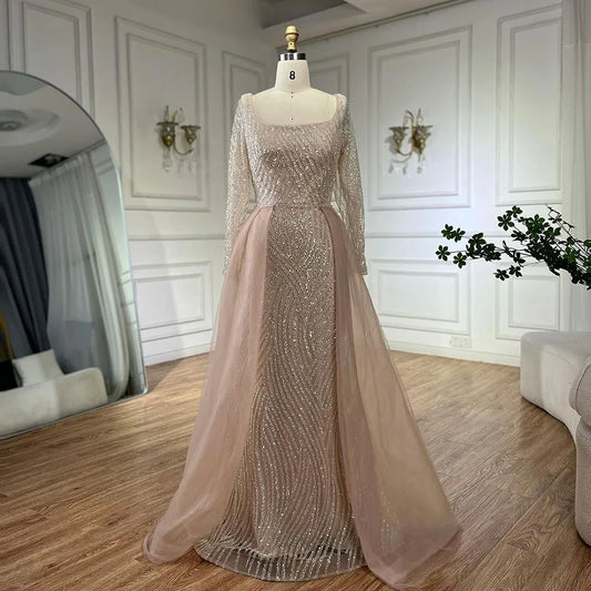 Arabisch Blau Quadrat Kragen Meerjungfrau Abendkleid Perlen Überrock Luxus Kleider für Frau Hochzeit Party LA72320A 