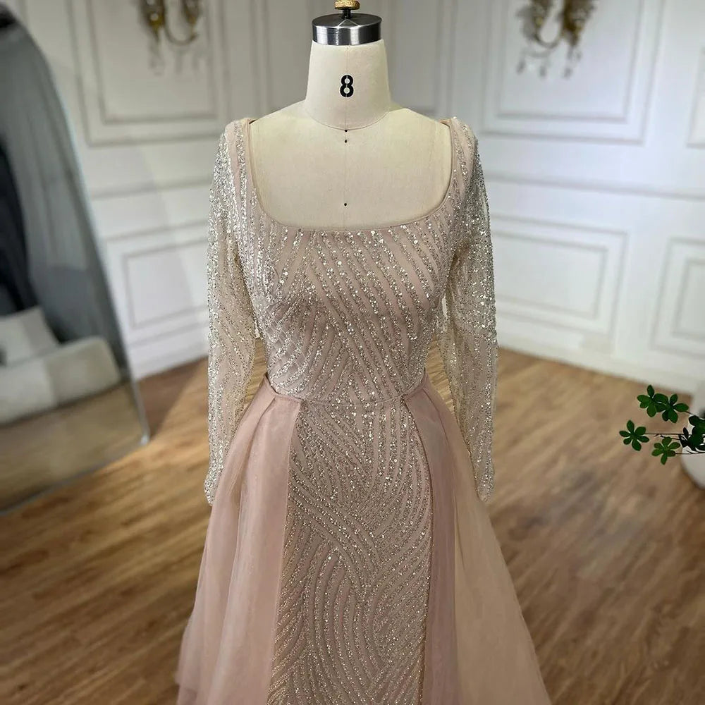 Arabisch Blau Quadrat Kragen Meerjungfrau Abendkleid Perlen Überrock Luxus Kleider für Frau Hochzeit Party LA72320A 