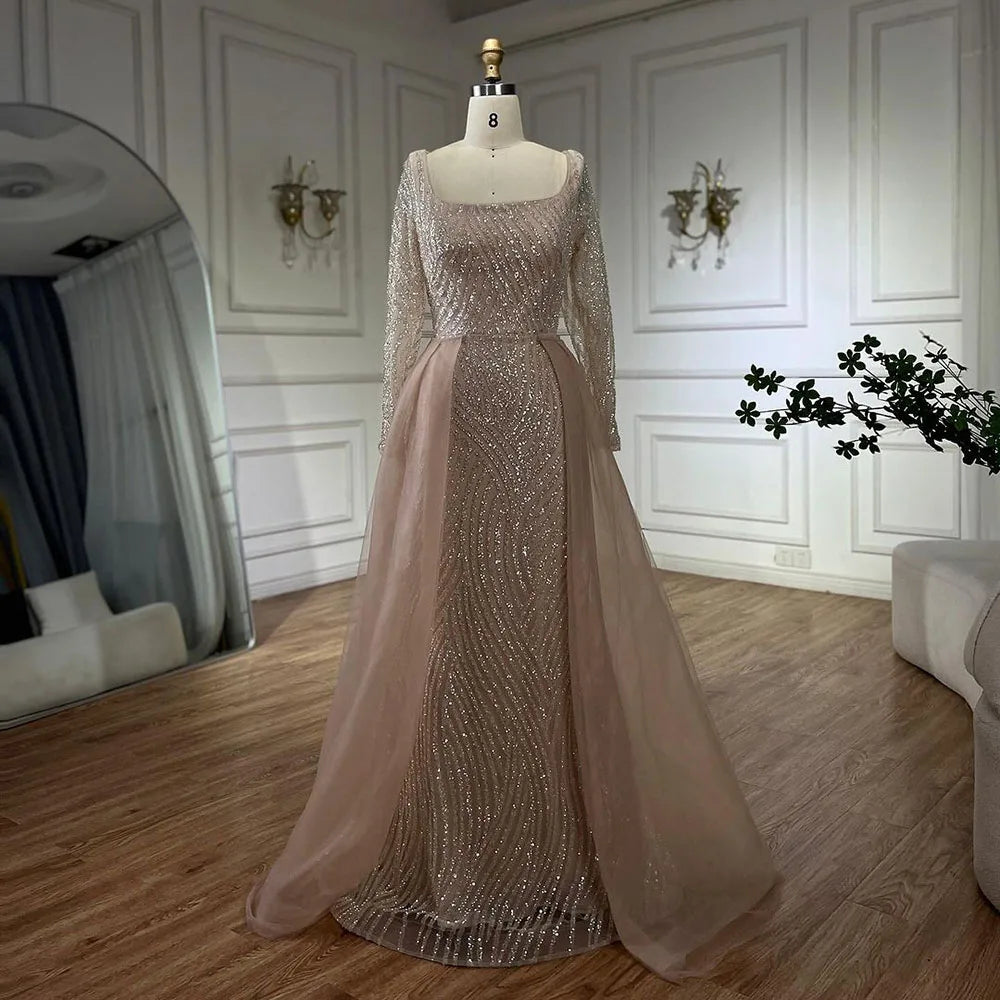 Arabic Blue Square Collar Mermaid Evening Gown Beaded Overskirt Luxury Dresses for Woman's Wedding Party LA72320A