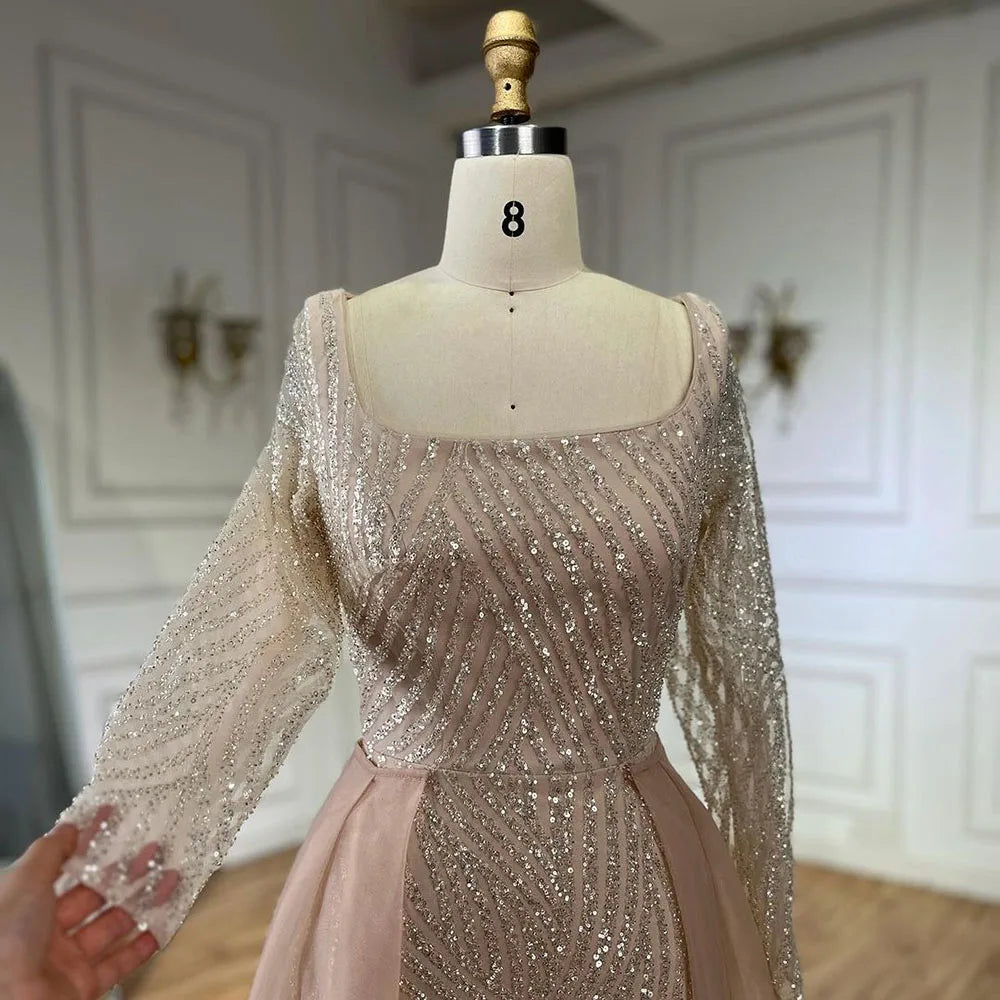Arabic Blue Square Collar Mermaid Evening Gown Beaded Overskirt Luxury Dresses for Woman's Wedding Party LA72320A