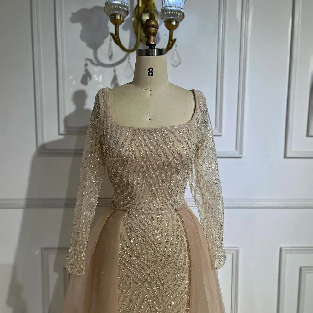 Arabisch Blau Quadrat Kragen Meerjungfrau Abendkleid Perlen Überrock Luxus Kleider für Frau Hochzeit Party LA72320A 