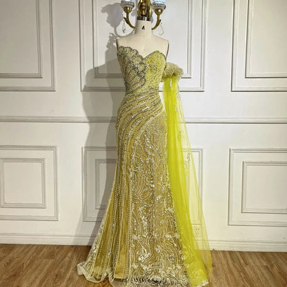 Vestido de noche verde sirena con un hombro al descubierto y mangas estilo capa para ocasiones formales LA72600 2025 