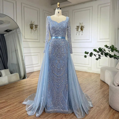 Arabisches blaues Abendkleid im Meerjungfrauenstil mit herzförmigem Ausschnitt und Perlenüberrock – Luxuskleider für die Hochzeitsfeier der Frau 2025 LA72548 