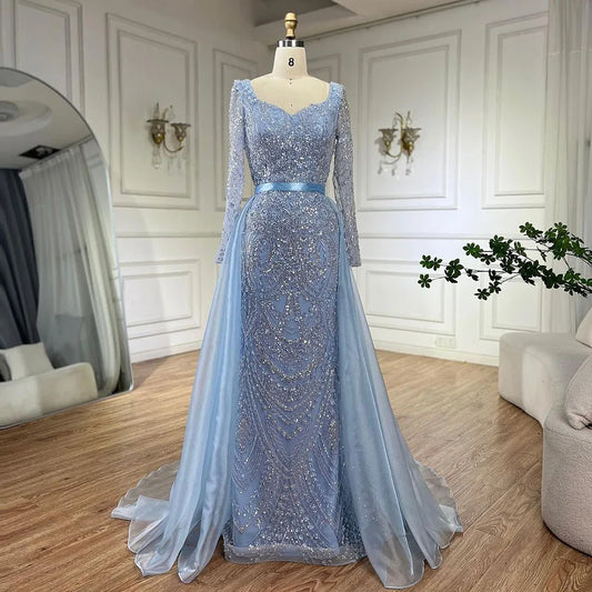 Arabisches blaues Abendkleid im Meerjungfrauenstil mit herzförmigem Ausschnitt und Perlenüberrock – Luxuskleider für die Hochzeitsfeier der Frau 2025 LA72548 
